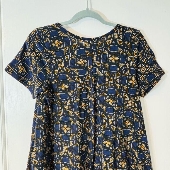 LuLaRoe S Carly Swing Dress Navy & Gold Geometric Print with Breast Pocket - Picture 2 of 10